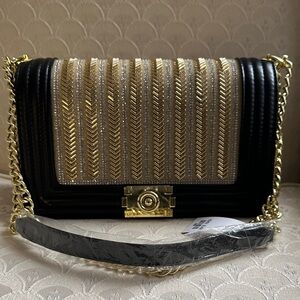 Black and Gold Embellished Chain Shoulder Bag NWOT